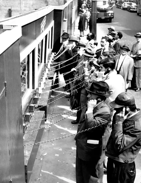 Framed Print : A group of 15 telephones installed in Manhattan that give a running account (via a recorded message) of the construction of a new office building, 1959 Framed Print : A group of 15 telephones installed in Manhattan that give a running account (via a recorded message) of the construction of a new office building, 1959