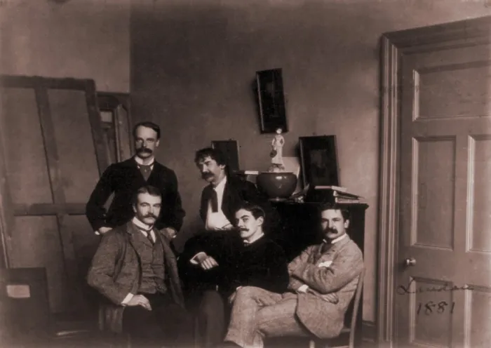 Framed Print : Group in James McNeill Whistler's London studio photographed in 1881: From left) Julian and Waldo Story, Whistler, Frank Miles, and Honorable F. Lawless