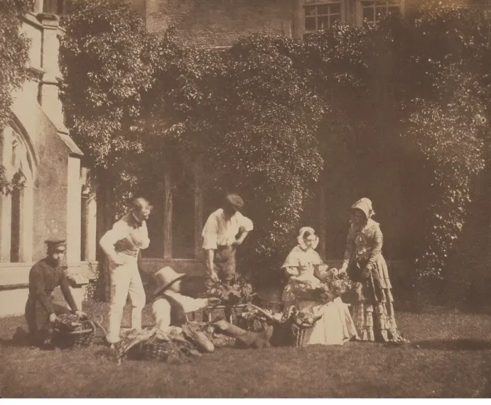 Framed Print : GROUP IN THE LACACK ABBEY CLOISTER, an 1844 photo by William Henry Fox Talbot (1800-1877)
