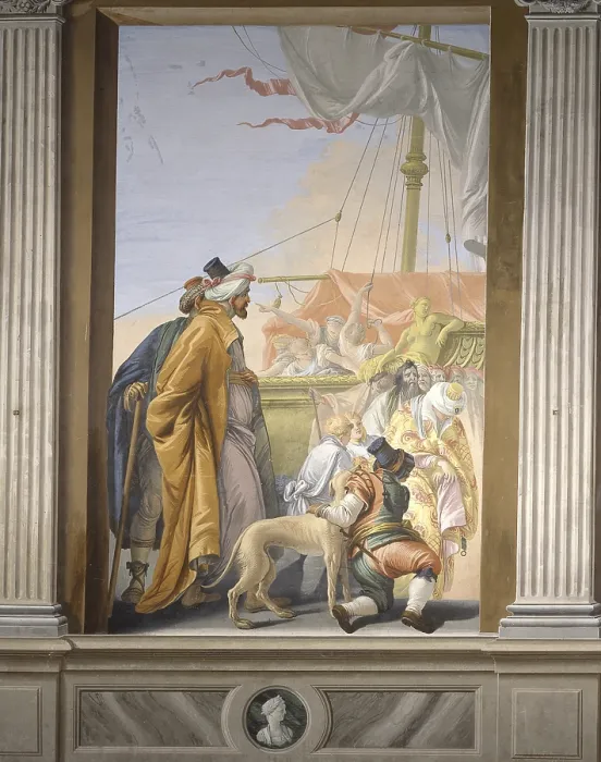 Framed Print : Group of Merchants with a Dog and a Ship on the Background (Gruppo di mercanti con cane e nave sullo sfondo), by Giovanni Scajaro, 1779, 18th Century, fresco - Italy, Veneto