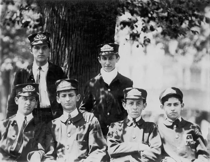 Framed Print : Group of messengers in Union Square, New York City, photograph by Lewis Wickes Hine, July, 1910