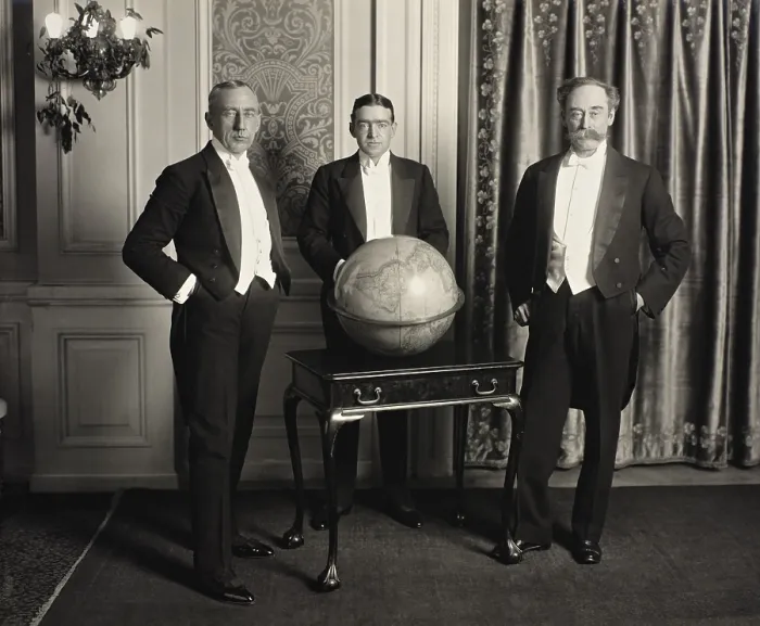 Framed Print : Group portrait of three great polar explorers of the early 20th century: Roald Amundsen, Ernest Henry Shackleton, and Robert Edwin Peary. They were in Philadelphia on Jan