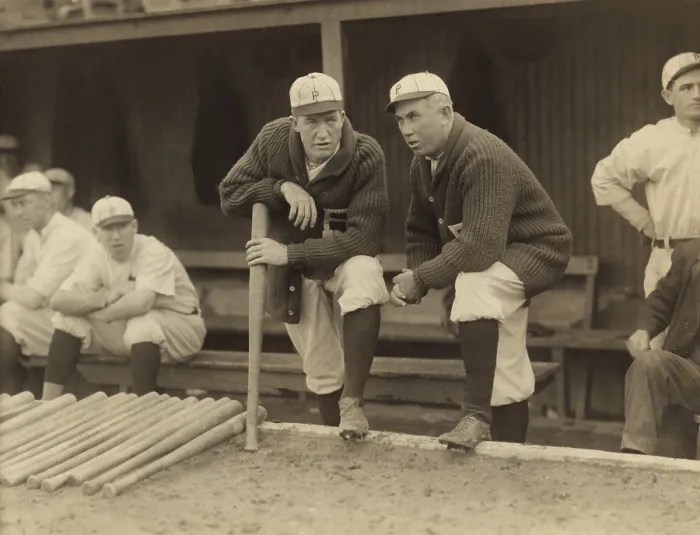 Framed Print : Grover Cleveland Alexander and Manager Pat Moran, in 1915. They are in conversation at the Philadelphia Athletics dugout during the 1915 baseball season Framed Print : Grover Cleveland Alexander and Manager Pat Moran, in 1915. They are in conversation at the Philadelphia Athletics dugout during the 1915 baseball season