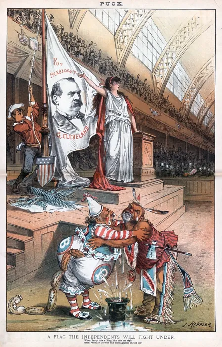 Framed Print : Grover Cleveland, and a female figure labeled 'Democratic Party' at the Democratic National Convention, Chicago, Illinois. July 1884