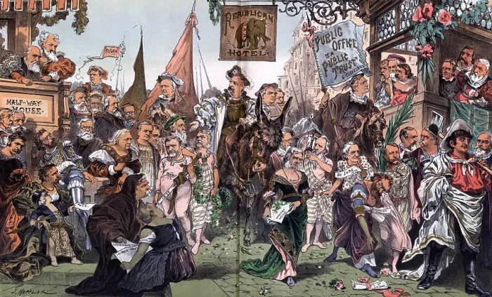 Framed Print : Grover Cleveland riding the Democratic donkey past the 'Republican R.R.R. Hotel' on the way to his inauguration, 1885