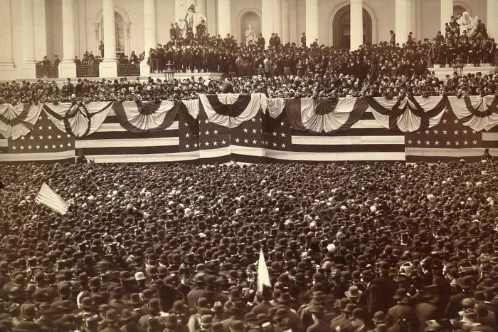 Framed Print : Grover Clevelands inauguration as the 22nd President of the US. He is delivering his inaugural address on the east portico of Capitol, March 4, 1885. Photo by John F