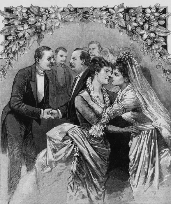 Framed Print : Grover Clevelands young wife, Frances Folsom, receiving kiss from her mother Framed Print : Grover Clevelands young wife, Frances Folsom, receiving kiss from her mother