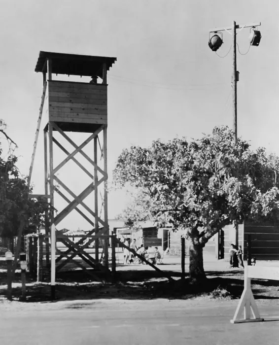 Framed Print : Guard tower and lights at Fresno, California, Assembly Center