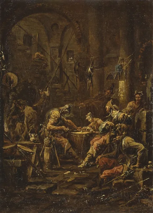 Framed Print : Guardhouse (Corpo di guardia), by Alessandro Magnasco known as Lissandrino, 18th century, oil on canvas, 69 x 46 cm. - Italy, Piedmont, Verbania, Isola Bella, Palazzo Borromeo
