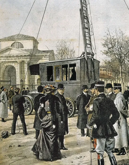 Framed Print : Guglielmo Marconi assists in Milan to the test of the first Stazione Radio Mobile. Illustration by Achille Beltrame for 'Domenica del Corriere' (1906). Engraving Framed Print : Guglielmo Marconi assists in Milan to the test of the first Stazione Radio Mobile. Illustration by Achille Beltrame for 'Domenica del Corriere' (1906). Engraving