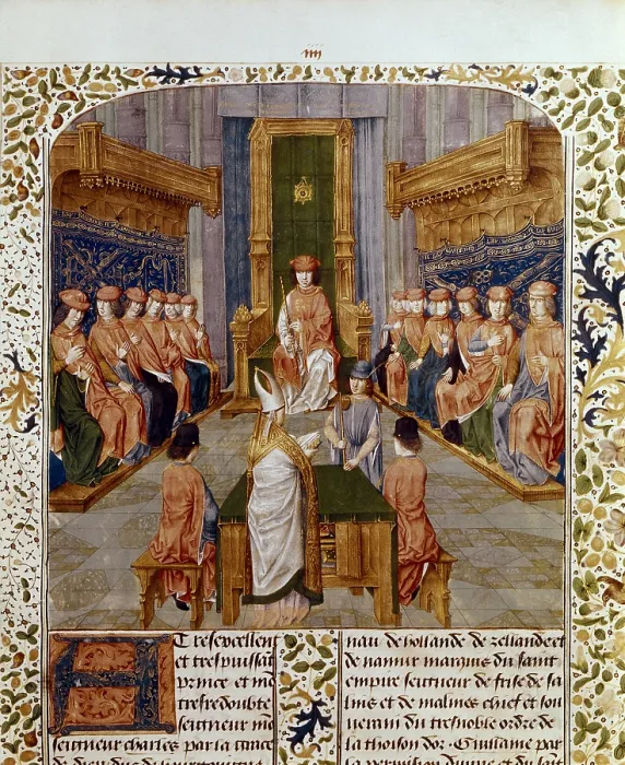 Framed Print : Guillaume Fillastre. Bishop of Tournai and Chancellor of Toison d'Or Order, with secretary, treasurer and royal arms