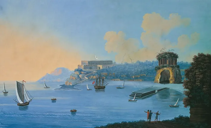 Framed Print : Gulf of Baia with the Temple of Venus and the Castle of Don Pedro de Toledo (Golfo di Baia con tempio di Venere e castello di don Pedro de Toledo), by unknown artist