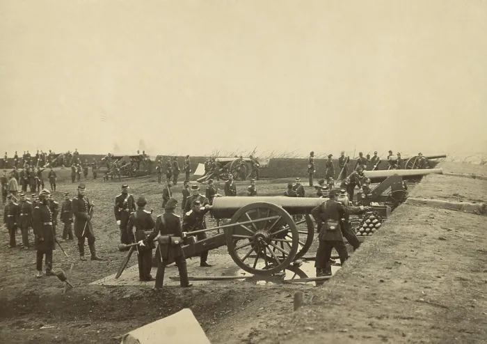 Framed Print : Six gun crews of the 1st Connecticut Artillery drilling at Fort Richardson in 1862