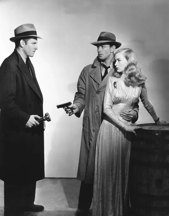 Framed Print : THIS GUN FOR HIRE, from left, Robert Preston, Alan Ladd, Veronica Lake, 1942