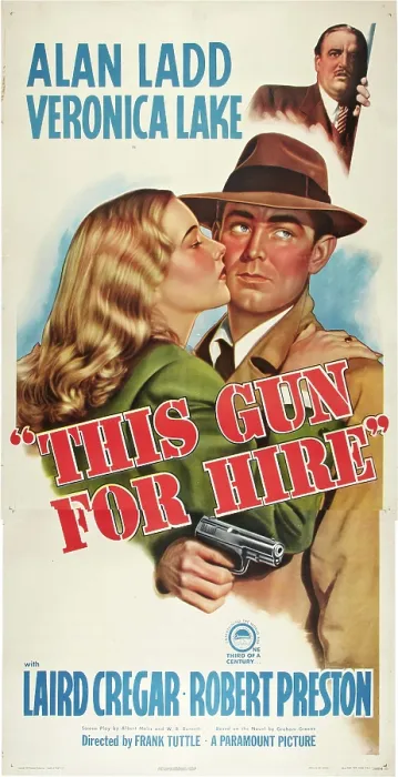 Framed Print : THIS GUN FOR HIRE, top: Laird Cregar, bottom l-r: Veronica Lake, Alan Ladd on poster art, 1942 Framed Print : THIS GUN FOR HIRE, top: Laird Cregar, bottom l-r: Veronica Lake, Alan Ladd on poster art, 1942