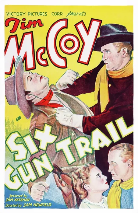 Framed Print : SIX GUN TRAIL, top and bottom right: Tim McCoy, bottom left: Nora Lane on poster art, 1938 Framed Print : SIX GUN TRAIL, top and bottom right: Tim McCoy, bottom left: Nora Lane on poster art, 1938