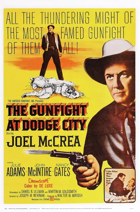 Framed Print : THE GUNFIGHT AT DODGE CITY, US poster art, Joel McCrea (top and right), 1959