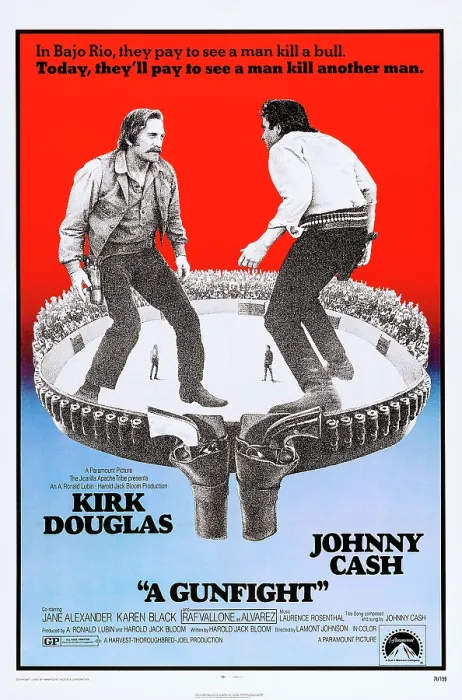 Framed Print : A GUNFIGHT, from left: Kirk Douglas, Johnny Cash, 1971