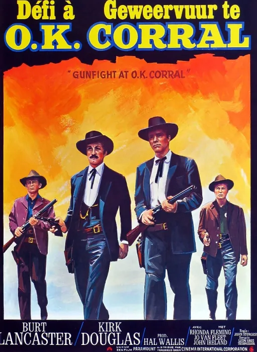 Framed Print : GUNFIGHT AT THE O.K. CORRAL, (aka GEWEERVUUR TE O.K. CORRAL, aka DEFI A O.K. CORRAL), center l-r: Kirk Douglas, Burt Lancaster on Belgian poster art, 1957