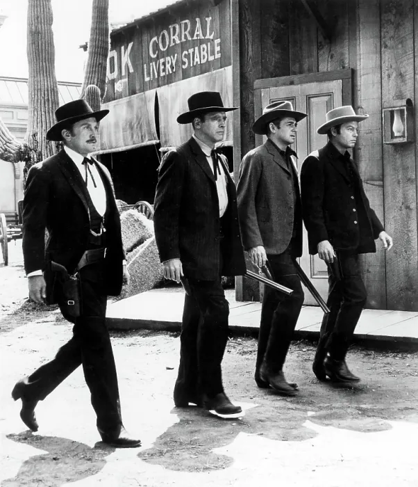 Framed Print : GUNFIGHT AT THE O.K. CORRAL, Kirk Douglas as Doc Holiday, Burt Lancaster as Wyatt Earp, John Hudson, DeForest Kelly, 1957 Framed Print : GUNFIGHT AT THE O.K. CORRAL, Kirk Douglas as Doc Holiday, Burt Lancaster as Wyatt Earp, John Hudson, DeForest Kelly, 1957