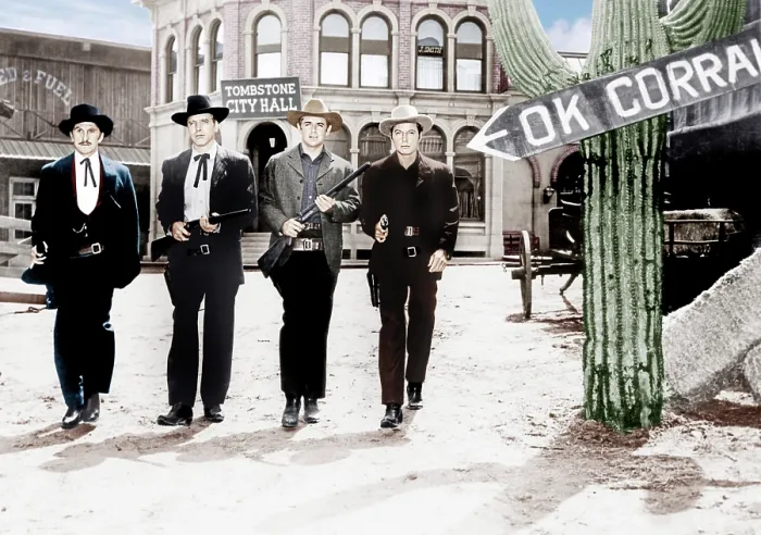 Framed Print : GUNFIGHT AT THE O.K. CORRAL, from left: Kirk Douglas, Burt Lancaster, John Hudson, Deforest Kelley, 1957 Framed Print : GUNFIGHT AT THE O.K. CORRAL, from left: Kirk Douglas, Burt Lancaster, John Hudson, Deforest Kelley, 1957