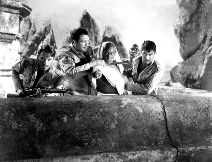 Framed Print : GUNGA DIN, Douglas Fairbanks Jr. Victor McLaglen, Eduardo Ciannelli, Sam Jaffe (behind Grant), Cary Grant, 1939