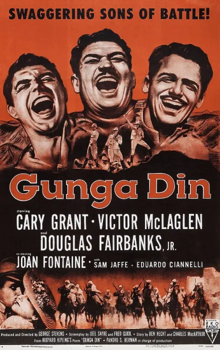 Framed Print : GUNGA DIN, top l-r: Cary Grant, Victor McLaglen, Douglas Fairbanks Jr. on poster art, 1939