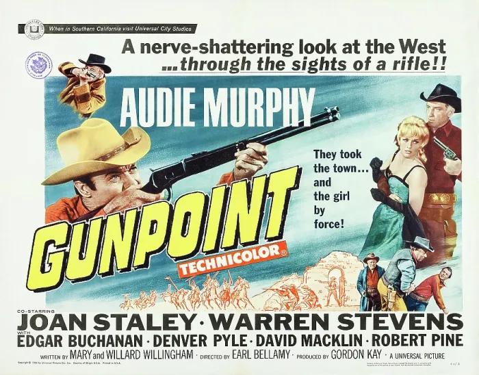 Framed Print : GUNPOINT, US lobbycard, center from left: Audie Murphy, Joan Staley, Warren Stevens, 1966