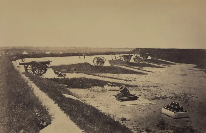 Framed Print : Guns and ammunition inside of Fort Carrol, near Giesboro, Washington, DC. It was one of 68 forts and batteries guarding Washington, DC during the US Civil War, 1861-65