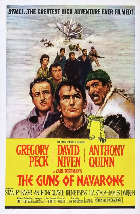Framed Print : THE GUNS OF NAVARONE, US poster art, from left: David Niven, Gregory Peck, Anthony Quinn, 1961