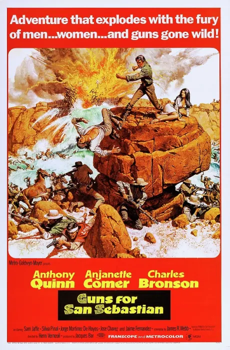 Framed Print : GUNS FOR SAN SEBASTIAN, l-r: Charles Bronson, Anthony Quinn, Anjanette Comer on poster art, 1968
