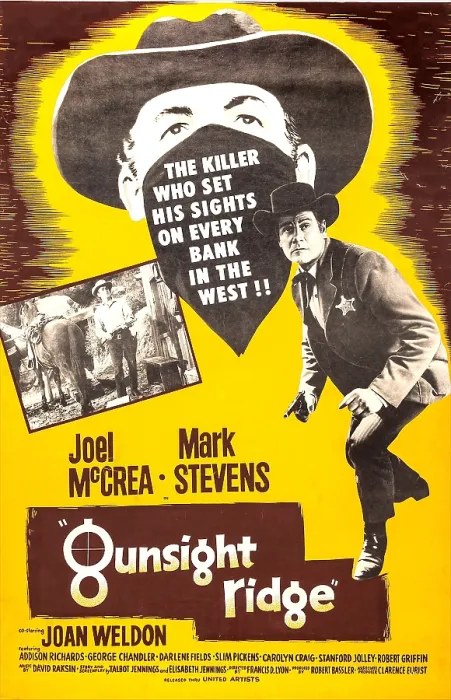Framed Print : GUNSIGHT RIDGE, from left: Mark Stevens, Joel McCrea 1957 Framed Print : GUNSIGHT RIDGE, from left: Mark Stevens, Joel McCrea 1957