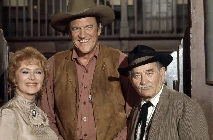 Framed Print : GUNSMOKE, from left: Amanda Blake, James Arness, Milburn Stone, (September 29, 1973), 1955-1975