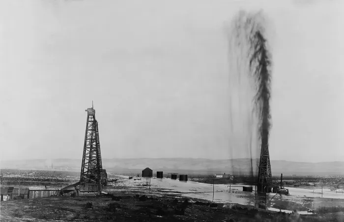 Framed Print : Gusher in a California oil field, ca. 1910