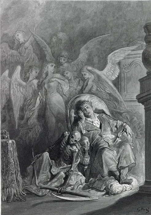 Framed Print : Gustave Dore illustration of Edgar Allan Poe's 'The Raven;' the poem's narrator with visions of angels surrounding the beloved departed Lenore. 1883 Framed Print : Gustave Dore illustration of Edgar Allan Poe's 'The Raven;' the poem's narrator with visions of angels surrounding the beloved departed Lenore. 1883