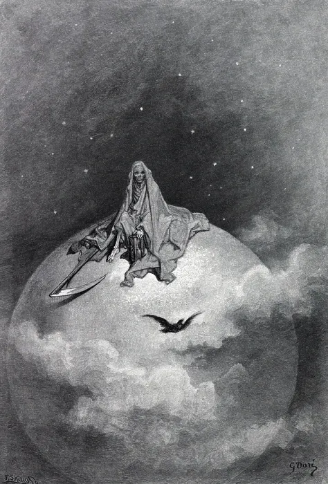 Framed Print : Gustave Dore illustration of Edgar Allan Poe's 'The Raven;' presents a vision of death. 1883
