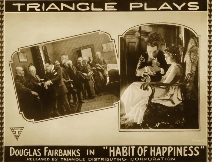 Framed Print : HABIT OF HAPPINESS, left 3rd from left: Douglas Fairbanks, right: Douglas Fairbanks on lobbycard, 1916