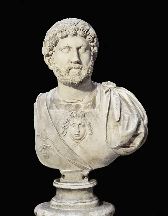 Framed Print : HADRIAN (76-138). Depiction in relief of Medusa's head in the centre of the cuirasse. Roman art. Early Empire. Sculpture on marble. SPAIN. Sevilla. Archaeological Museum