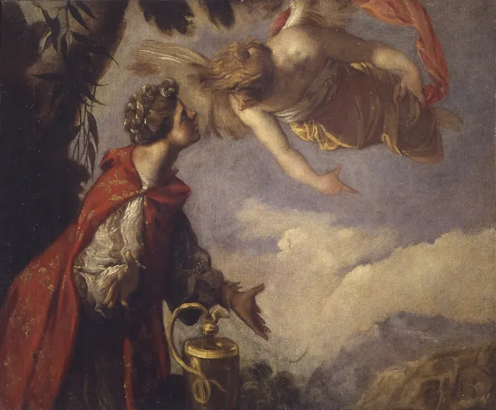 Framed Print : Hagar and the Angel, by Francesco Maffei, 17th century, oil on canvas. - Italy, Lombardy, Milan, Castello Sforzesco, Museum of Ancient Art. Whole artwork view