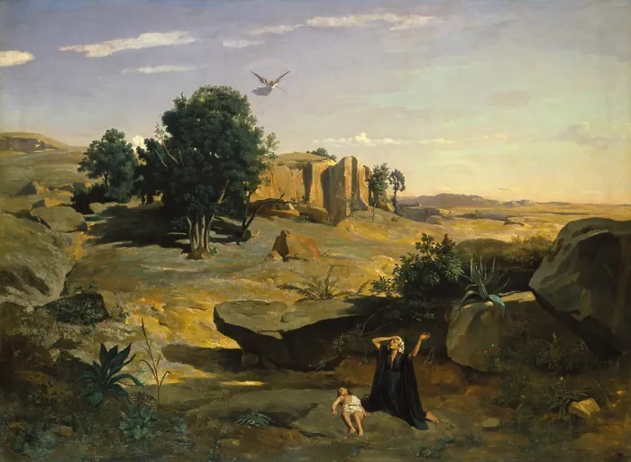Framed Print : HAGAR IN THE WILDERNESS, by Camille Corot, 1835, French painting, oil on canvas. This painting was Corots first critical success when exhibited in the Paris Salon of 1835 Framed Print : HAGAR IN THE WILDERNESS, by Camille Corot, 1835, French painting, oil on canvas. This painting was Corots first critical success when exhibited in the Paris Salon of 1835