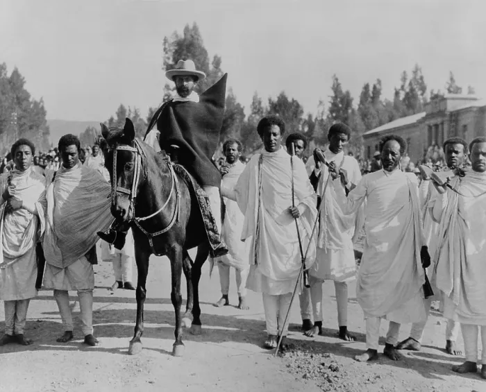 Framed Print : Haile Selassie on horseback surrounded by bodyguards, Addis Ababa, Ethiopia 1935. (BSLOC_2013_9_132)