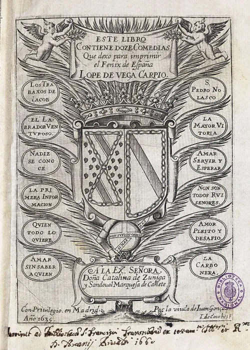 Framed Print : Half title of an edition that compiles twelve comedies by Lope de Vega, published in Madrid in 1635. Drawing by Courbe. Engraving. SPAIN. Madrid. National Library