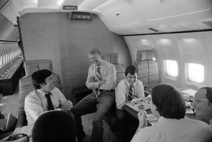 Framed Print : Hamilton Jordan Jimmy Carter and other White House staff aboard Air Force One during the 1980 presidential Campaign against Ronald Reagan