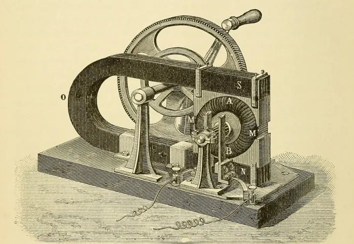Framed Print : A hand cranked device onsisting of coiled metal wire and a magnet, demonstrates the principle elements of 19th and 20th century electrical generators, also called dynamos