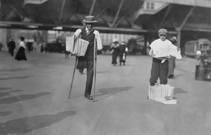 Framed Print : A handicapped man selling newspapers, original caption: Handicapped. A legitimate occupation. New York City, photograph by Lewis Wickes Hine, July, 1910 Framed Print : A handicapped man selling newspapers, original caption: Handicapped. A legitimate occupation. New York City, photograph by Lewis Wickes Hine, July, 1910
