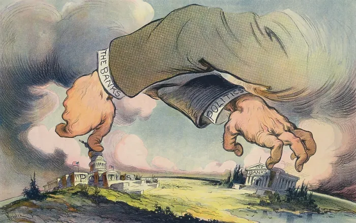 Framed Print : HANDS ACROSS THE LAND, political cartoon about the relationship between Politics and Banks. Puck Magazine, Aug. 20, 1913 Framed Print : HANDS ACROSS THE LAND, political cartoon about the relationship between Politics and Banks. Puck Magazine, Aug. 20, 1913