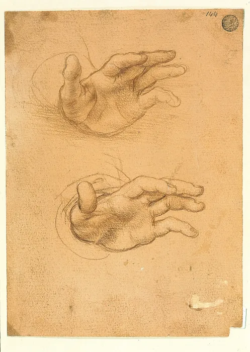 Framed Print : Hands Studio, by Maestro lombardo del Cinquecento o Cesare da Sesto, Sanguine on red prepared paper, - Italy, Veneto, Venice, Accademia Art Galleries, inv. n. 140