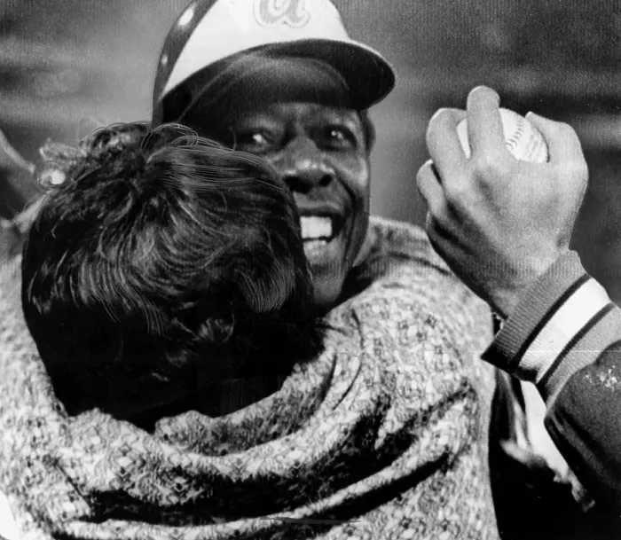 Framed Print : Hank Aaron is hugged by his mother after record breaking 715th home run off of L.A. Dodgers Pitcher Al Downing. Atlanta, GA, 04-08-1974