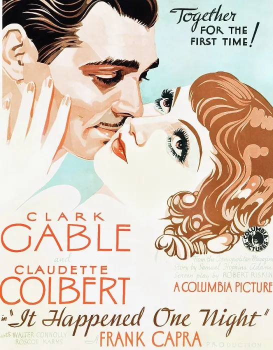 Framed Print : IT HAPPENED ONE NIGHT, Clark Gable, Claudette Colbert on window card, 1934