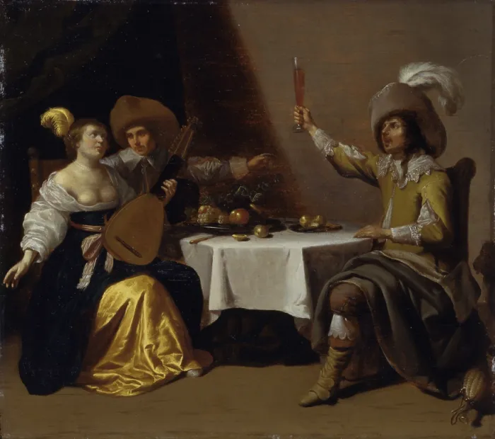 Framed Print : Happy Company, by Jan Van Bijlert, 1635 - 1645, half of the 17th Century, oil on board, 50 x 44 cm - Italy, Lombardy, Milan, Castello Sforzesco, Civic Collections of Ancient Art